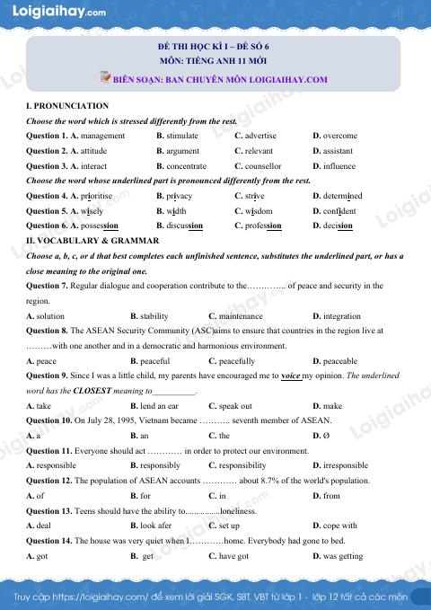 Đề số 6 - Đề kiểm tra học kì 1 - Tiếng Anh 11 mới